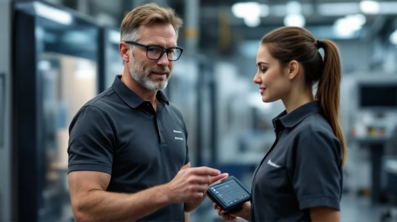 Ausbilder bei Schunk Group in Giessen erklaert einer Auszubildenden technische Praezision