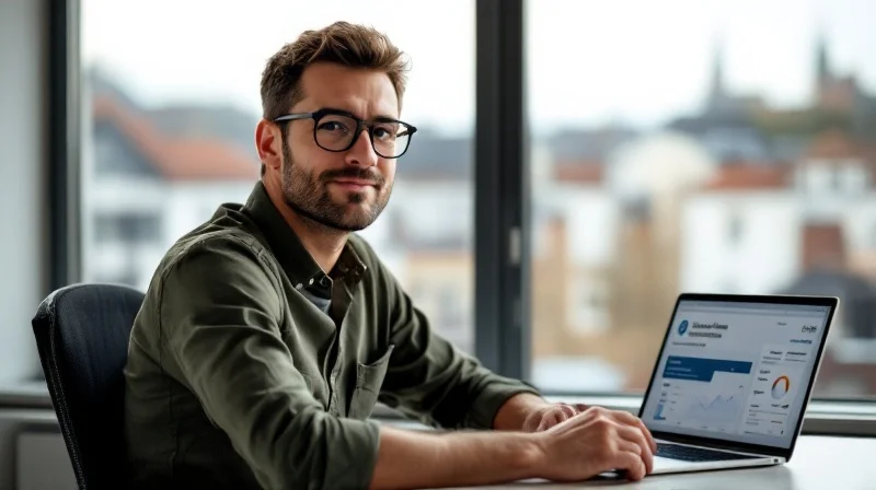 Quereinsteiger in Gießen arbeitet am Laptop mit Blick auf Universitätsgebäude