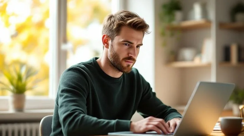 Mann arbeitet am Laptop an einem Schreibtisch mit Blick aus dem Fenster in Gießen